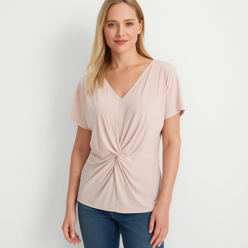 NWT White House Black Market Short Sleeve Twist Front Top Sepia Rose L #WHBM36